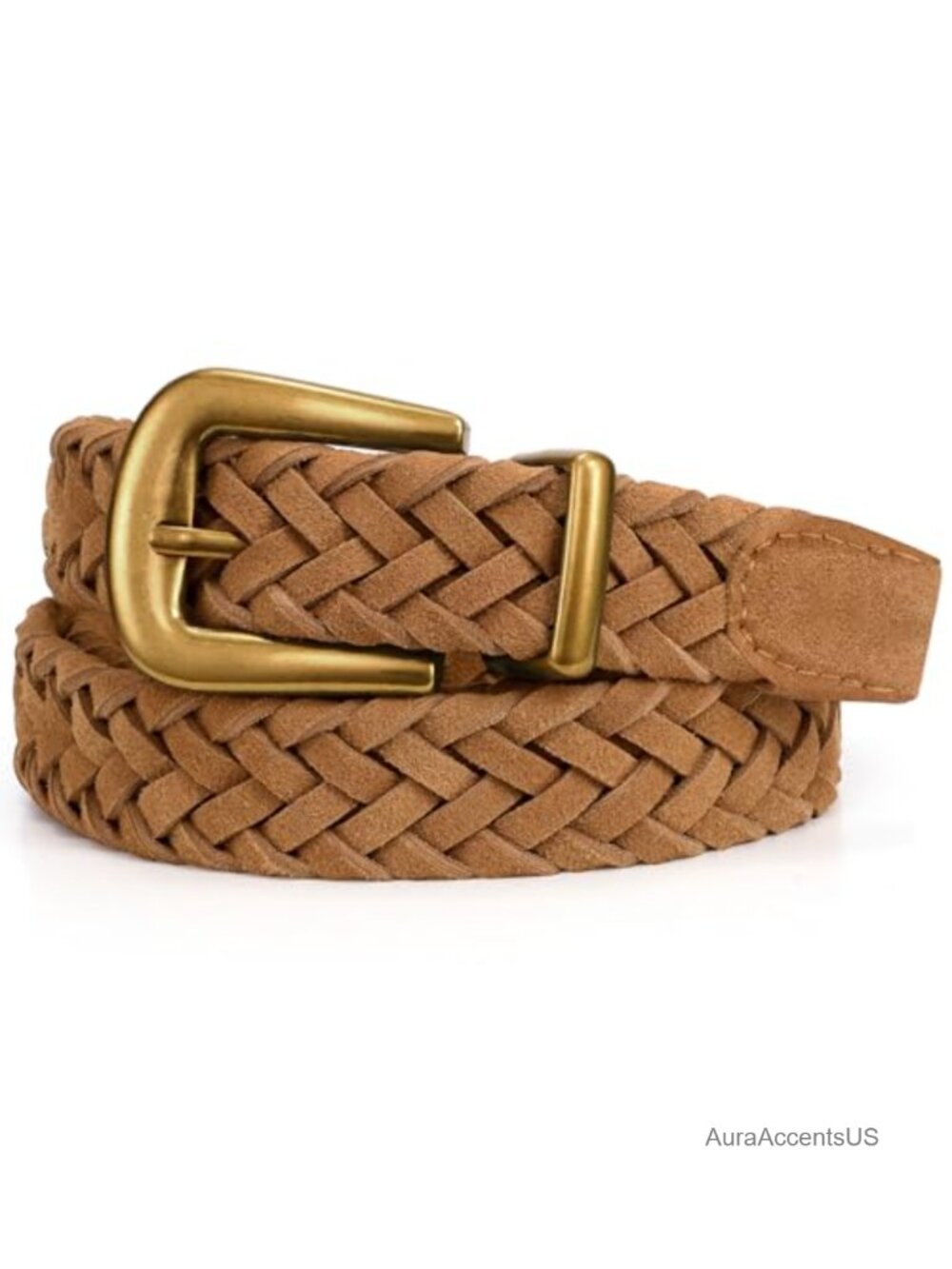 Women's Braided Suede Belt with Matte Gold Buckle for Jeans Dresses Boho